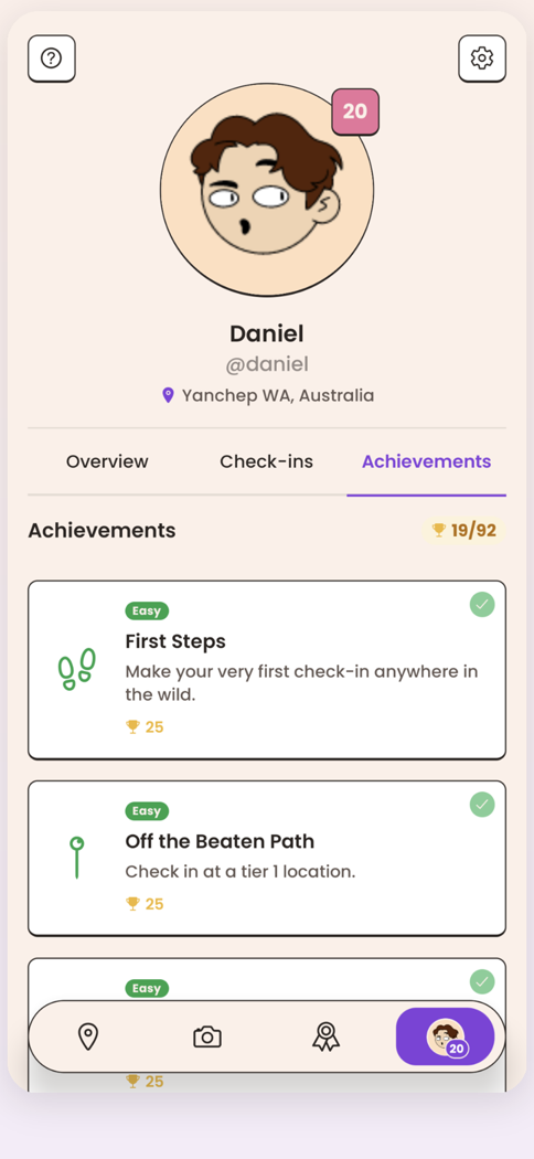 The achievements screen in the Locatour app